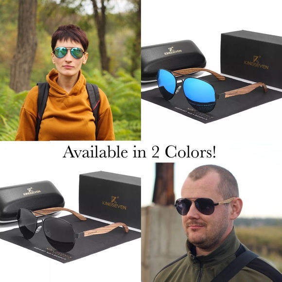 KINGSEVEN Natural Zebra Wood Blue Mirrored Polarized Aviator Sunglasses - Picture 4 of 16